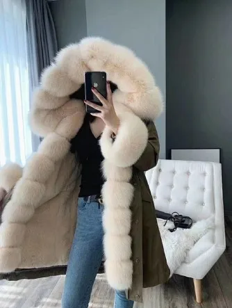 5 Пальто из натурального меха зимняя куртка женская длинная парка натуральный Лисий меховой капюшон, воротник Рекс подкладка из кроличьего меха Съемная уличная - Цвет: 5