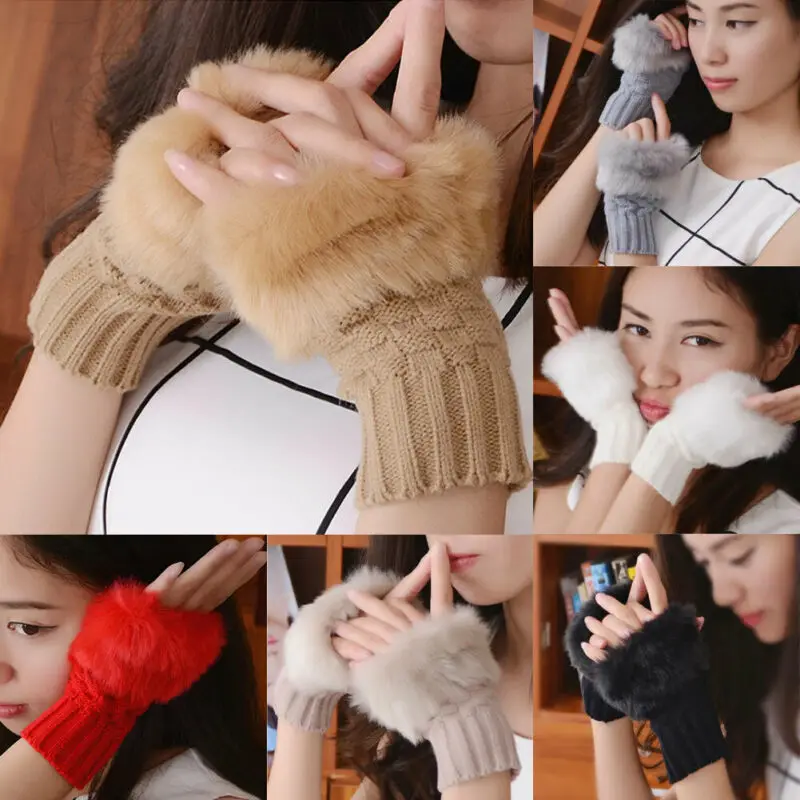 Women Winter Warm Half Finger Gloves Faux Fur Warm Wrist Knitted Wool Gloves Cuff Mitten