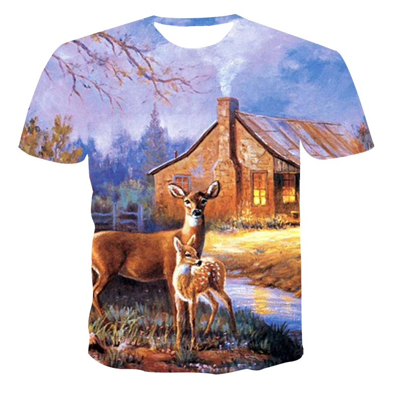 

Animal Deer Anime 3D Weed Camouflage T-shirt Elk Hunter Men's Harajuku T-shirt Tops Men's Short Sleeve