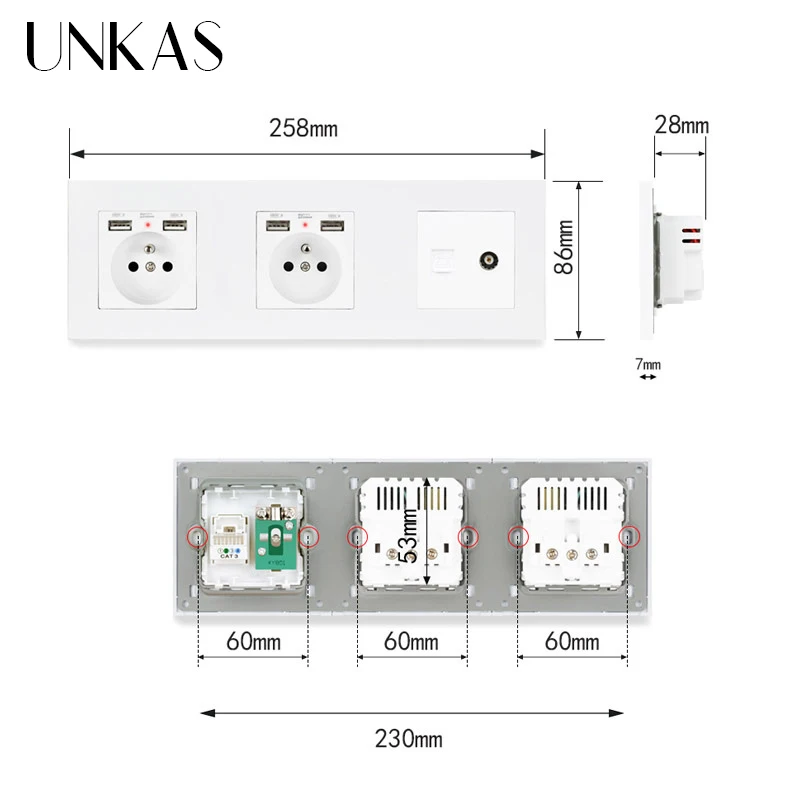 Пластиковая двойная французская стандартная розетка UNKAS PC с 4 USB портами для