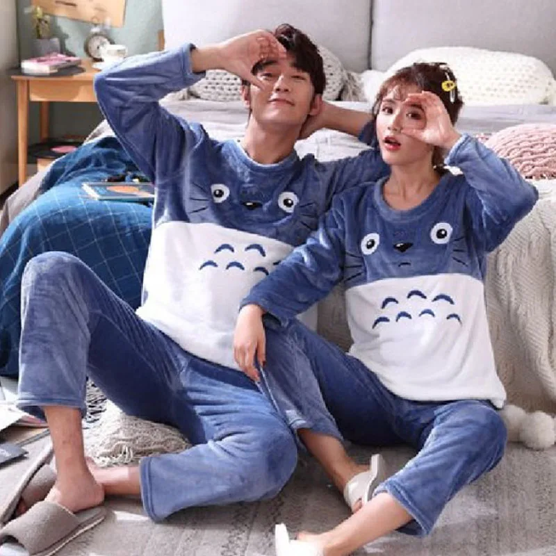 Blue totoro Пижама унисекс для взрослых; Фланелевая пижама с милыми животными; комплект зимней теплой одежды для сна из 2 предметов; утолщенная домашняя пижама для мужчин - Цвет: Blue totoro