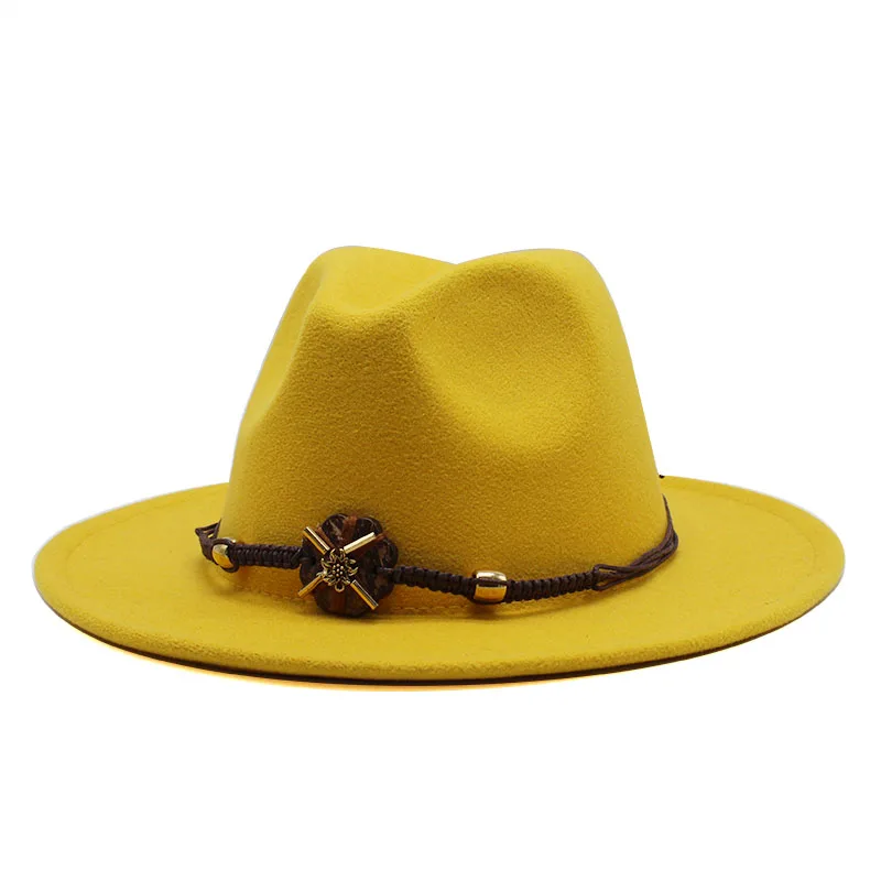 Seioum Women Men Wide Brim Wool Felt Jazz Fedora Hats Panama Style Cowboy Trilby Party formal Dress Hat Large Size Yellow white
