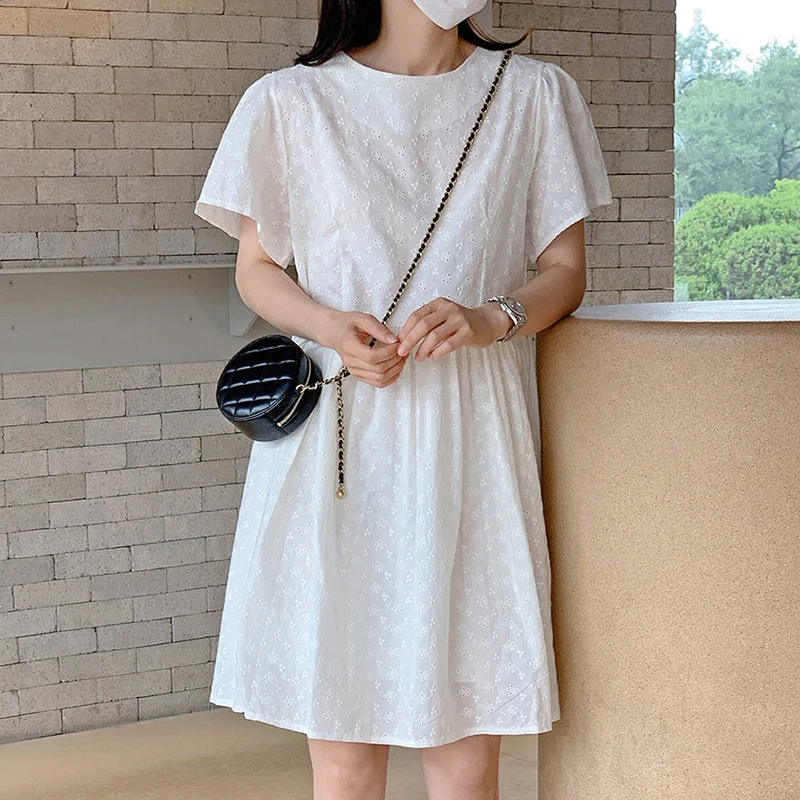 

Summer French Vestidos Women's Age Reduction Round Neck Embroidery Crochet Texture Loose Short-sleeved Mini Dress DK943