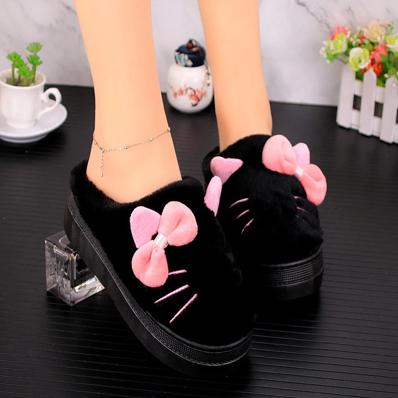 Искусственный мех Для женщин шлёпанцы для с рисунком кота из мультфильма зимняя