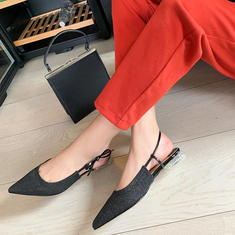 

Slingbacks flat shoes women summer sandal shiny elegant cozy pointed toe sweet shallow low heel black silver FR09 MUYISEXI