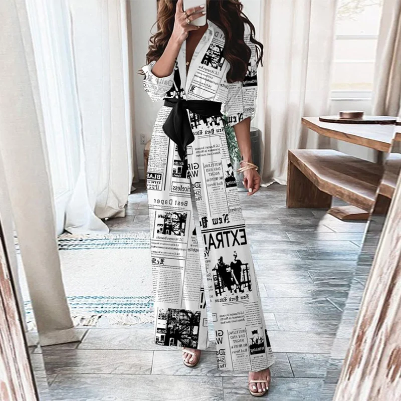 

Spring Autumn Wide Leg Playsuit Vintage Newspaper Printed Women Elegant Romper Deep Jumpsuit V Neck Belted Office Lady Overalls