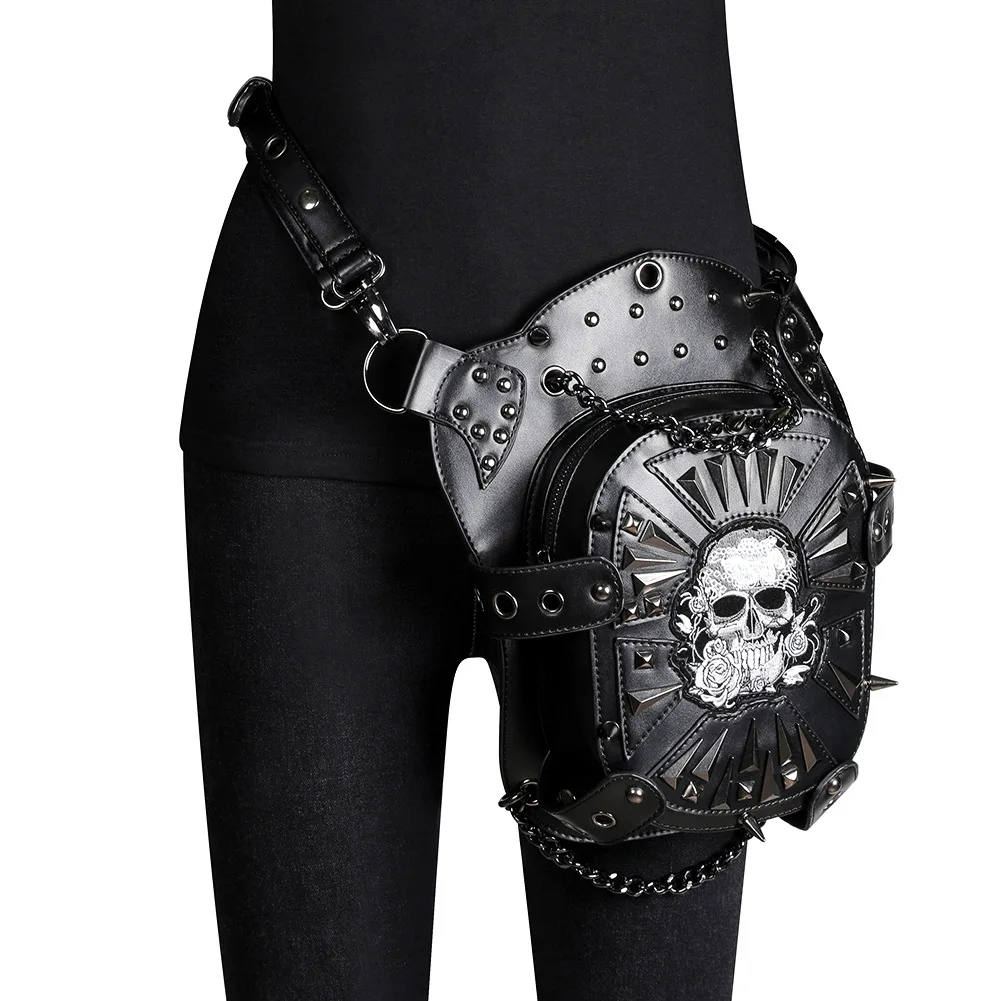 

Women Thigh Skull Bag PU Leather Crazy Horse Waist Bag Travel Leg Outdoor Tool Packs Moto & Biker Racing Should Straps Pockets