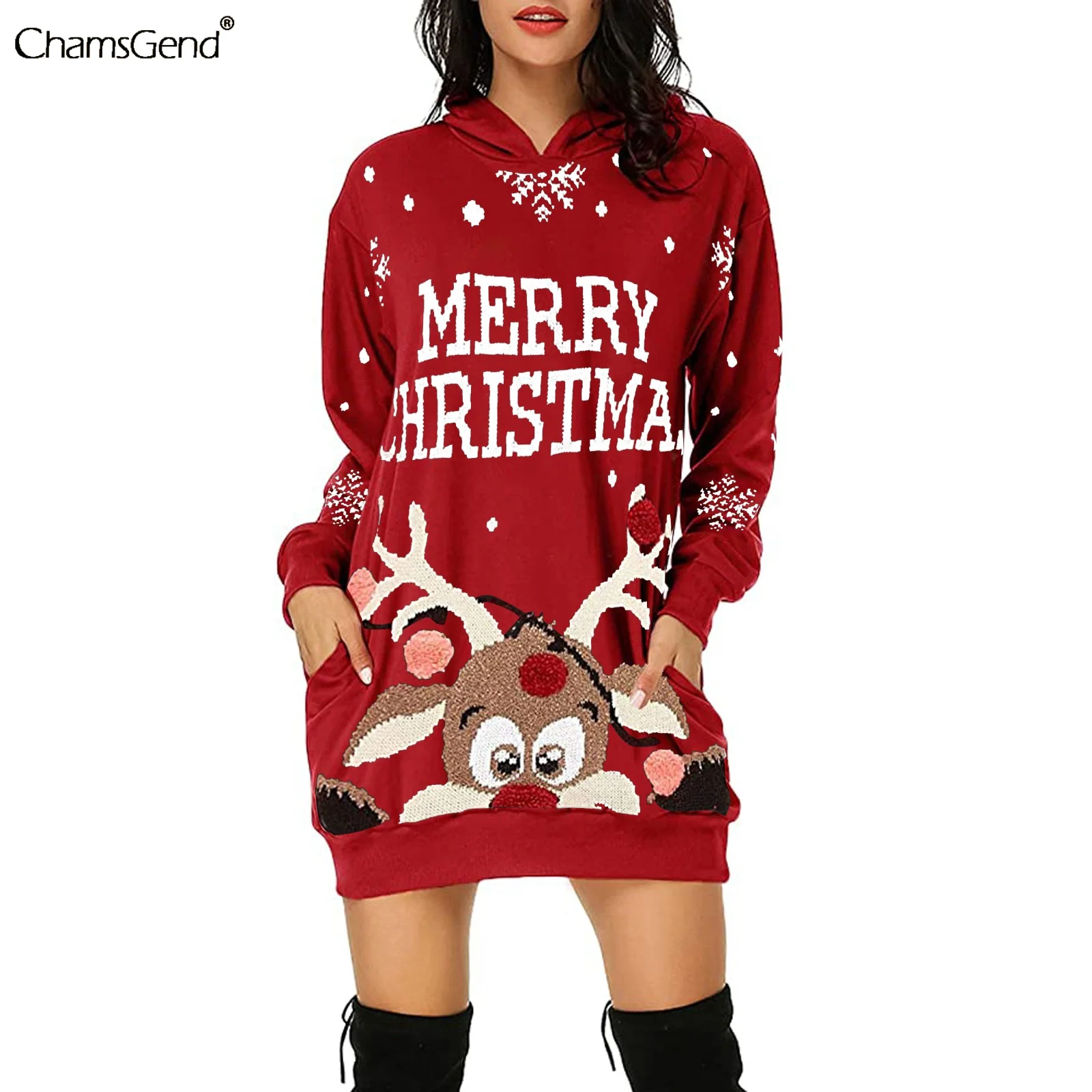 

Christmas Deer Printed Dress Women Long Sleeve O-neck Winter Dress 2022 New Year Party Midi Cartoon Dress Femme Vestidos