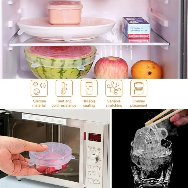 6 Pcs Silicone Stretch Lids Reusable Airtight Food Wrap Covers Keeping Fresh Seal Bowl Stretchy Cover Kitchen Cookware | Дом и сад