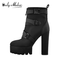 onlymaker platform round toe zipper strap 13cm chunky thick heels lycra ankle boots plus size for autumn winter bootes