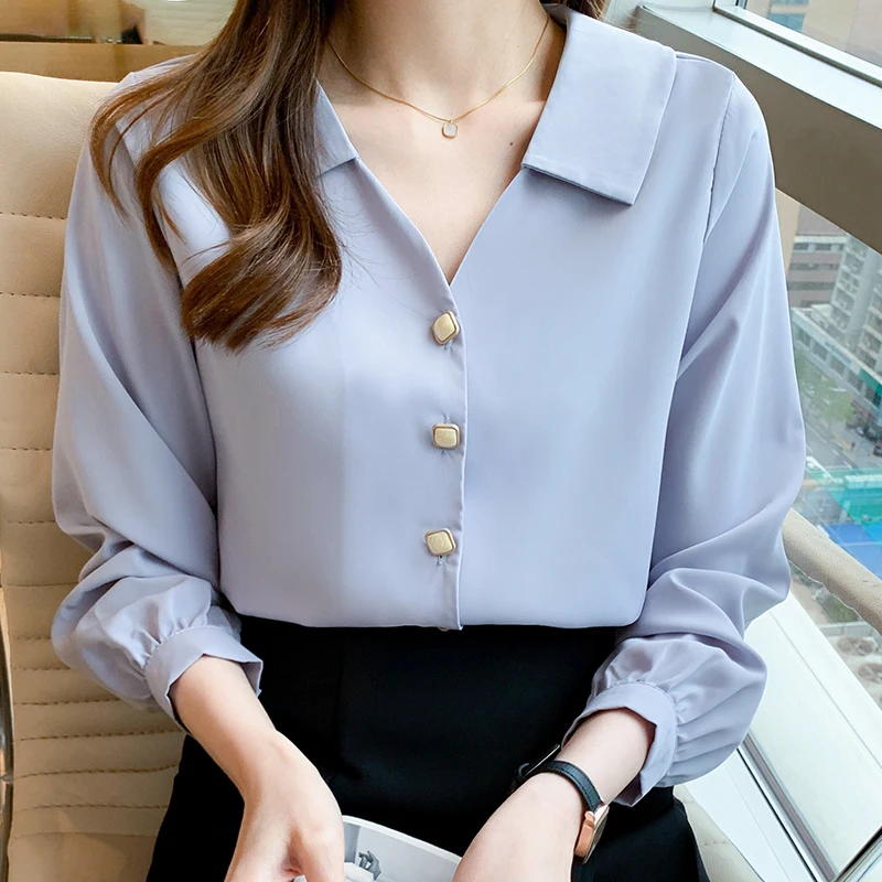 Осенняя блузка с длинным рукавом женская белая шифоновая отложным воротником