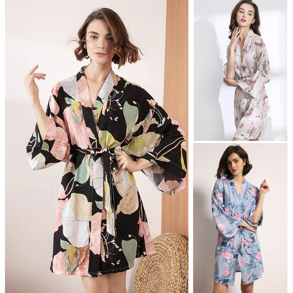 Женский Атласный халат шелковая и тонкая ночная рубашка из вискозной ткани с