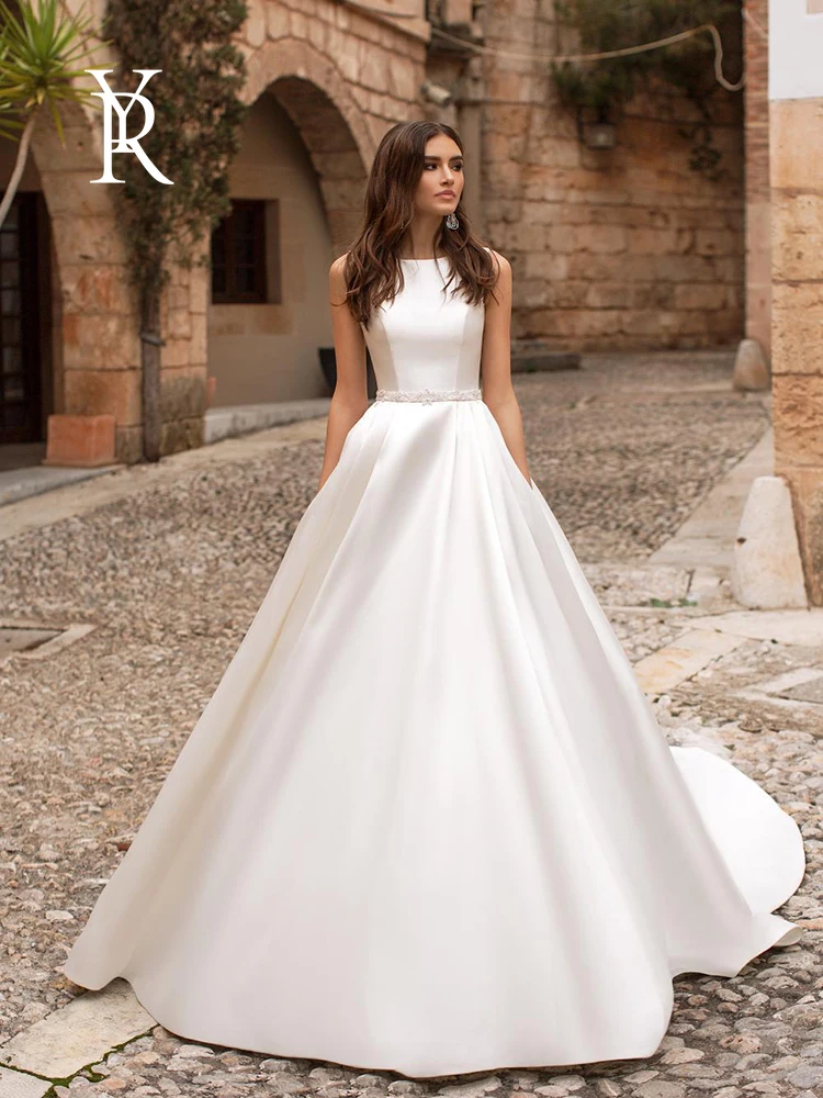 

Elegant Wedding Dress Matte Satin With A-line V-neck Sleeveless Bride Dresses Button Draped In Custom Made Vestido De Casamento