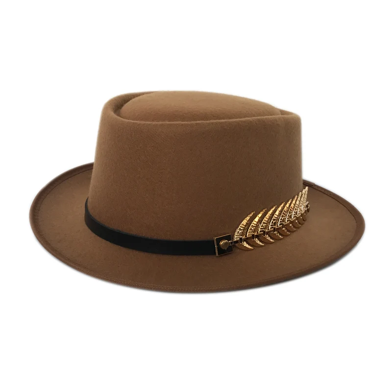 YY золотой пояс с перьями Fedora шляпа для мужчин плоский Топ шляпы Трилби для женщин свиной пирог джаз шляпа Классическая церковная Кепка FD19040 - Цвет: Camel Trilby Cap
