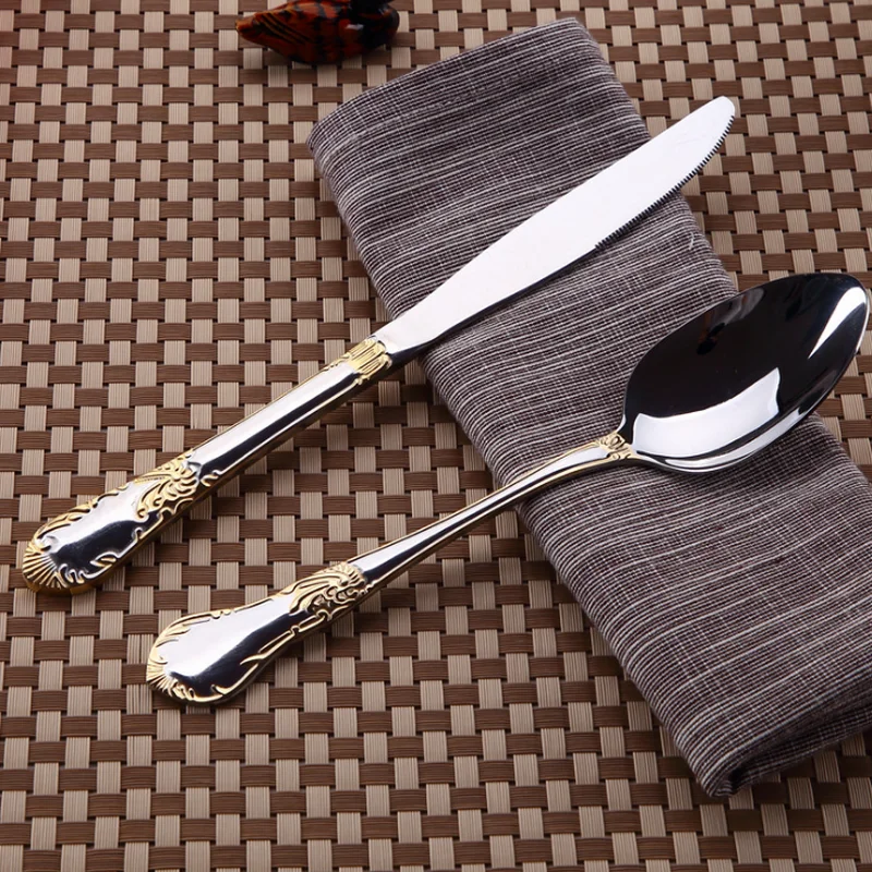 Позолоченный нож для стейка из нержавеющей стали вилка и ложка с цветочным
