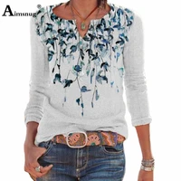 women bohemian flower print top ladies patchwork v neck t shirt autumn long sleeve casual female tees shirt