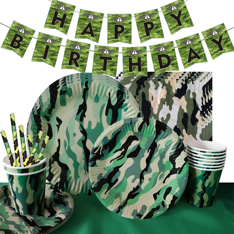 

Military Camouflage Theme Birthday Party Decoration Soldier Sergeant Birthday Pull Flag Insert Row Paper Plate Paper Cup