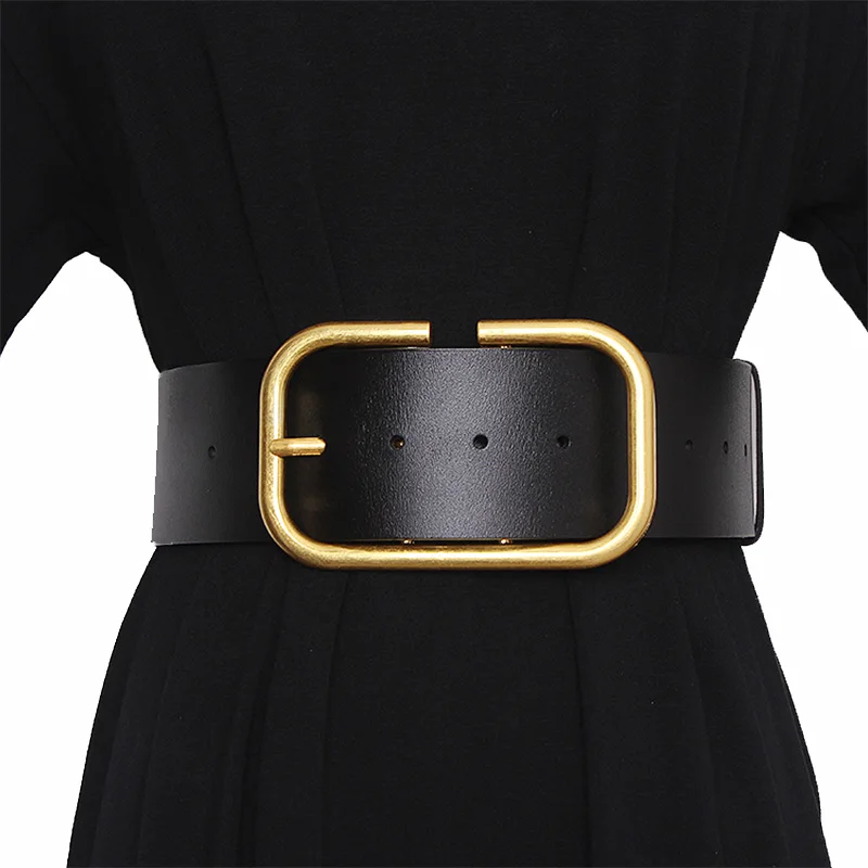 Wide Leather Belt For Women big metal Gold Square Buckle Pin Buckle punk Belt Luxury Brand Ladies Vintage Strap Female Waistband