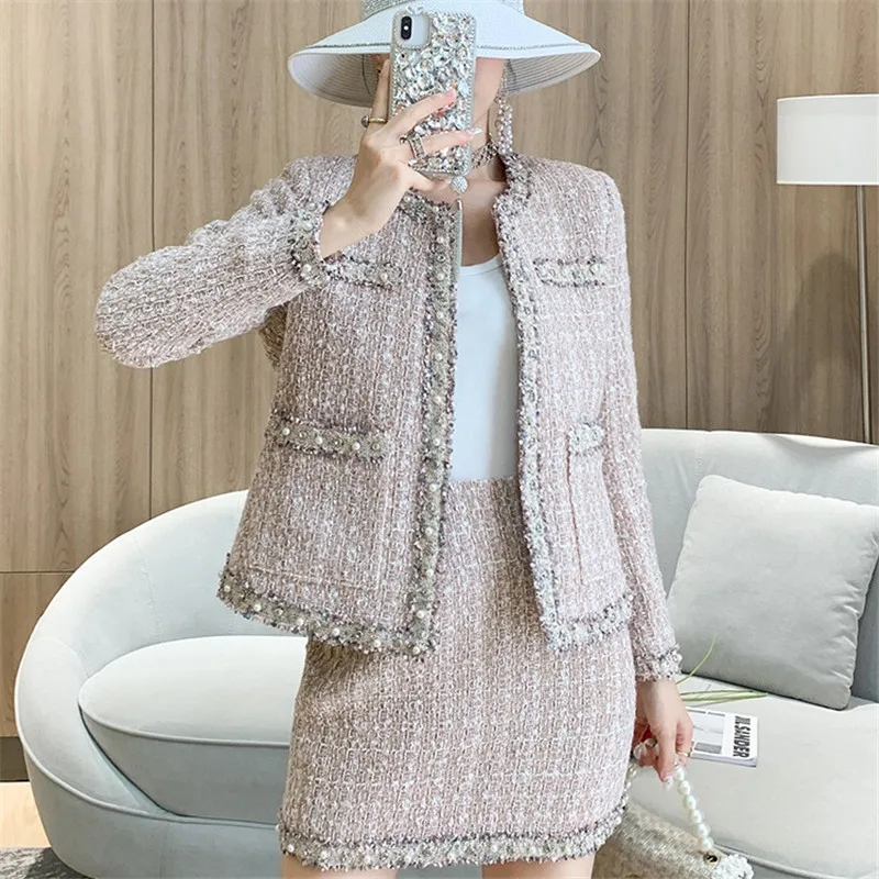 

Rhinestone Pearls Plaid Tweed Jacket Coat Suit Office Lady Elegant Two Piece Set Tweed Pencil Mini Skirts Plus Size F755
