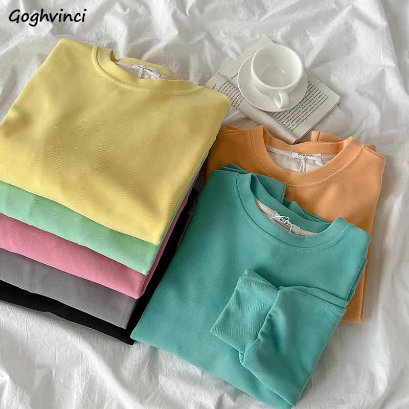

Sweatshirts Women Solid Minimalist O-neck New Fashion Design Casual Teenager Tender Cute Lovely Harajuku Loose Street Wear Chic
