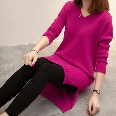 Rose red Большой размер 4XL, Модный женский пуловер, платье-свитер, Осень-зима, Свободный вязаный длинный свитер с v-образным вырезом, однотонный Повседневный Женский пуловер - Цвет: Rose red