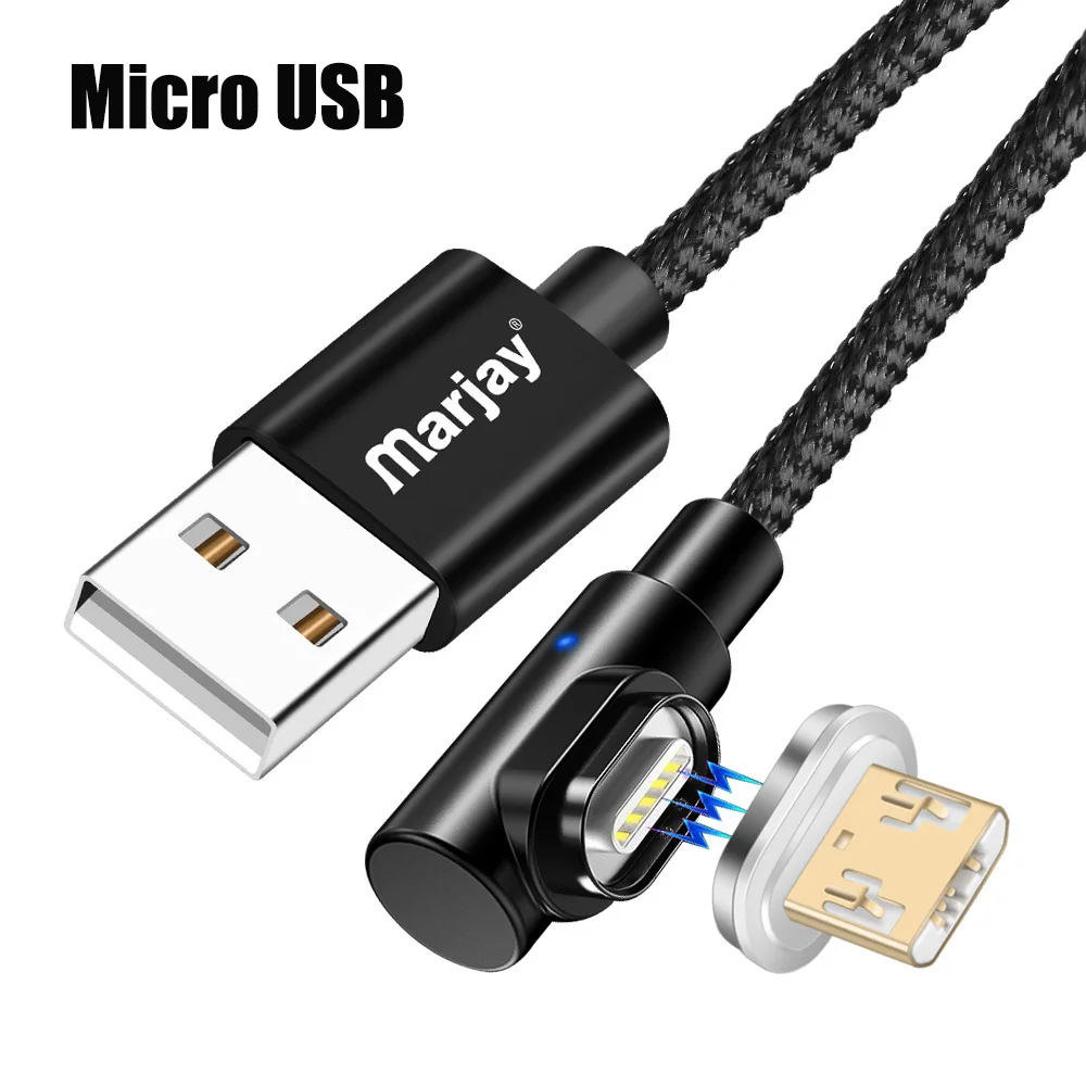Магнитный кабель Marjay, 90 градусов, Тип C, Micro USB C, быстрая зарядка, Microusb type-C, магнитное зарядное устройство, usb c, зарядный Шнур для iphone 7, 6 - Цвет: Black Micro USB