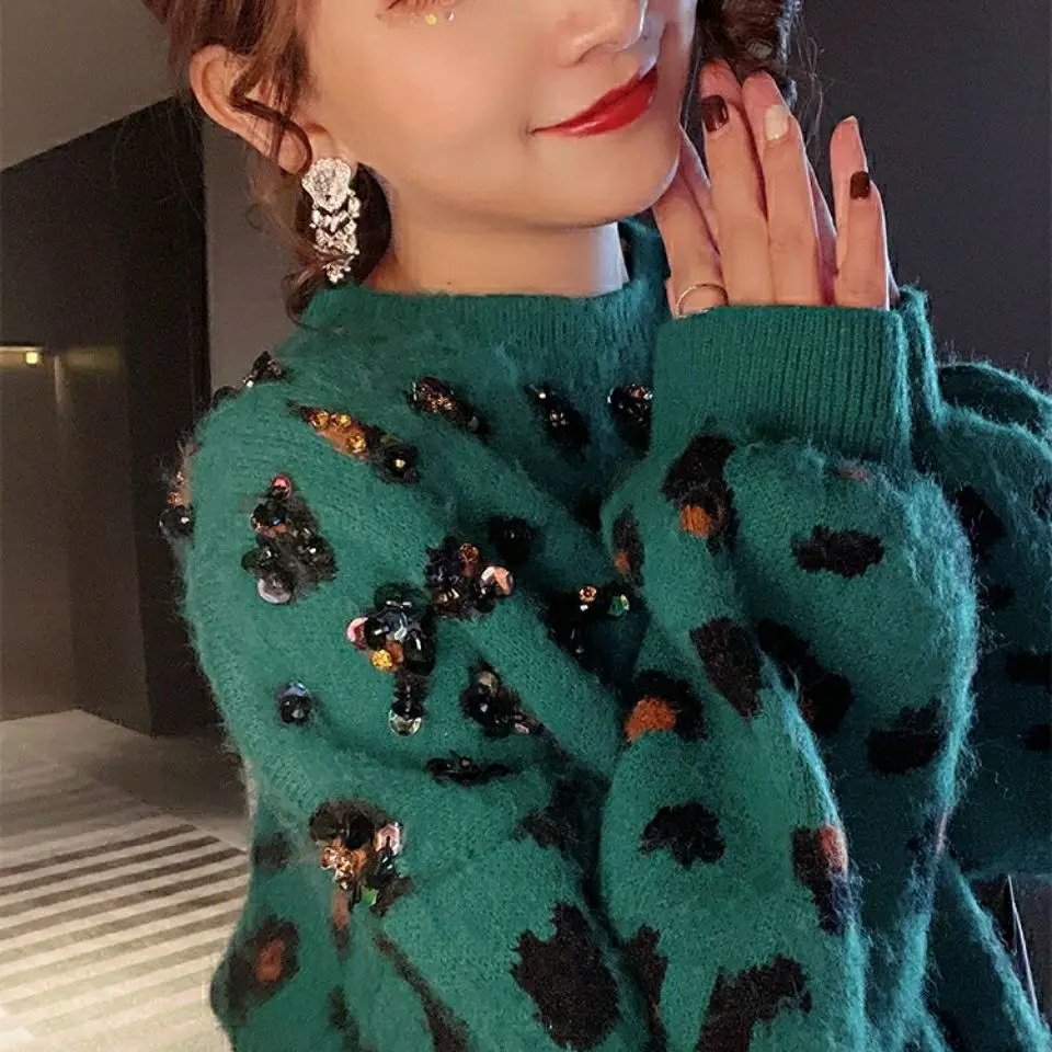 

Green Diamond Leopard Sweater Women Loose New Autumn Winter O-neck Pullovers Top All-match Full Sleeve Female Knitted Jumpers