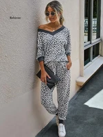 womens basic leopard casual daily two piece set sweatshirt tracksuit pant loungewear jogger pants print tops
