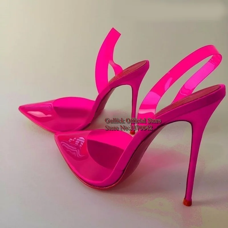 

Big Size 34-45 Transparent PVC Women Pumps Pointed Toe Stiletto Heel Slingback Pumps 12cm Fuchsia Pink Orange Banquet Footwear