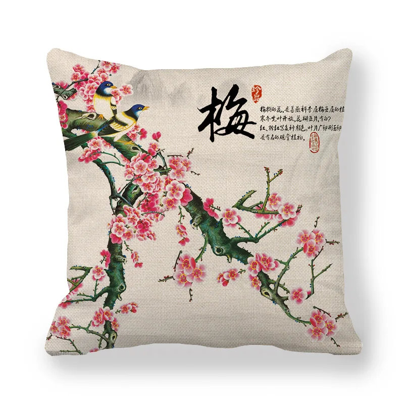 

Fauxlinen Cushion Cover Printed with Wintersweet Orchid Bamboo Chrysanthemum Wash Painting Decorative Throw Pillows Home Decor