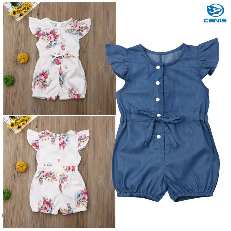 Летний детский цельный комбинезон для маленьких девочек джинсовый с цветочным