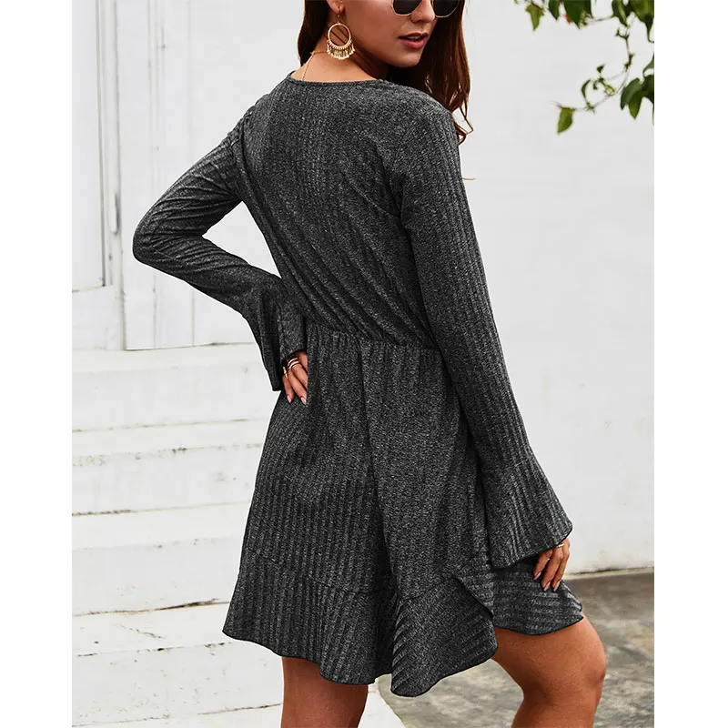 

Women Elegant Stitching Dresses 2020 Spring Dark Gray Flare Sleeve High Waist Casual Dress Sexy V-Neck Ruffle Party Dresses