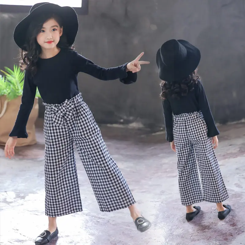 Костюм для девочек подростков 2021 детская Однотонная рубашка с расклешенными