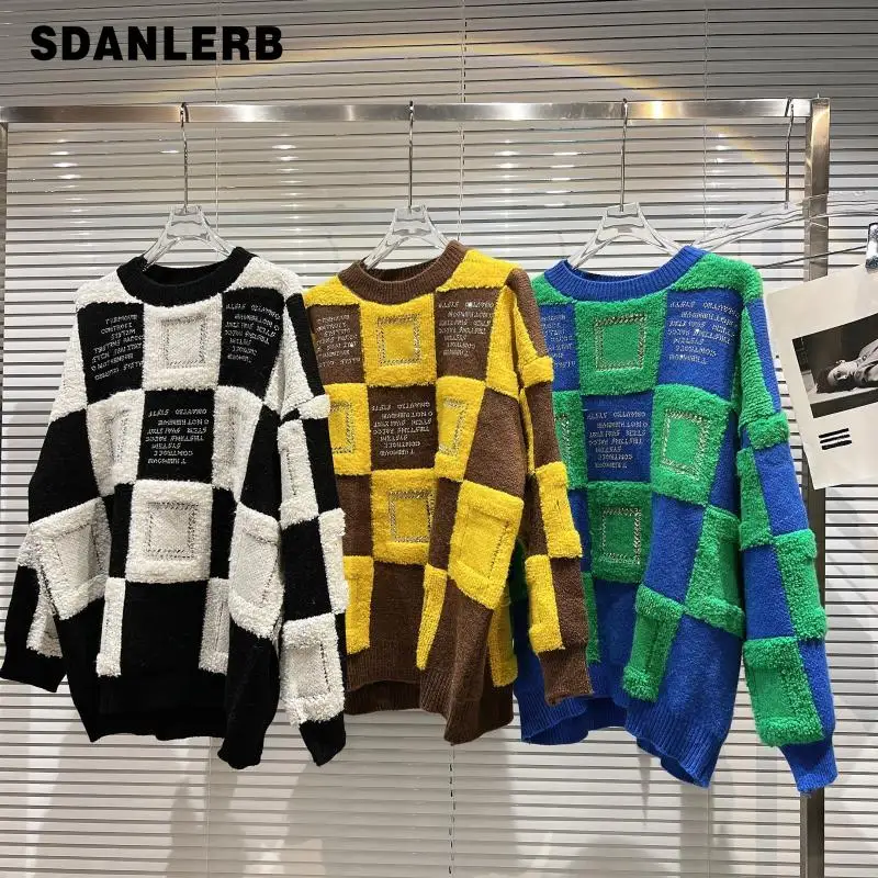 

Новинка зимы 2021, клетчатый пуловер контрастных цветов, вязаный свитер свободного покроя, модная женская одежда