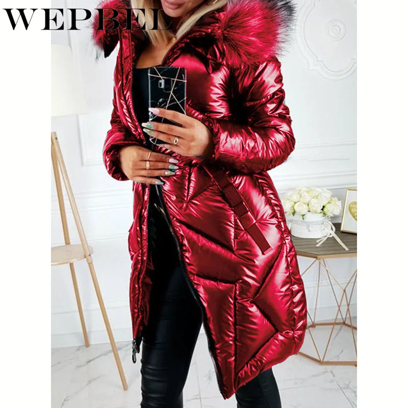 

WEPBEL Women's Winter Shiny Hooded Long Parka Ladies Hooded Slim Jacket With Fur Collar Plus Size Thick Padded Casual Coat