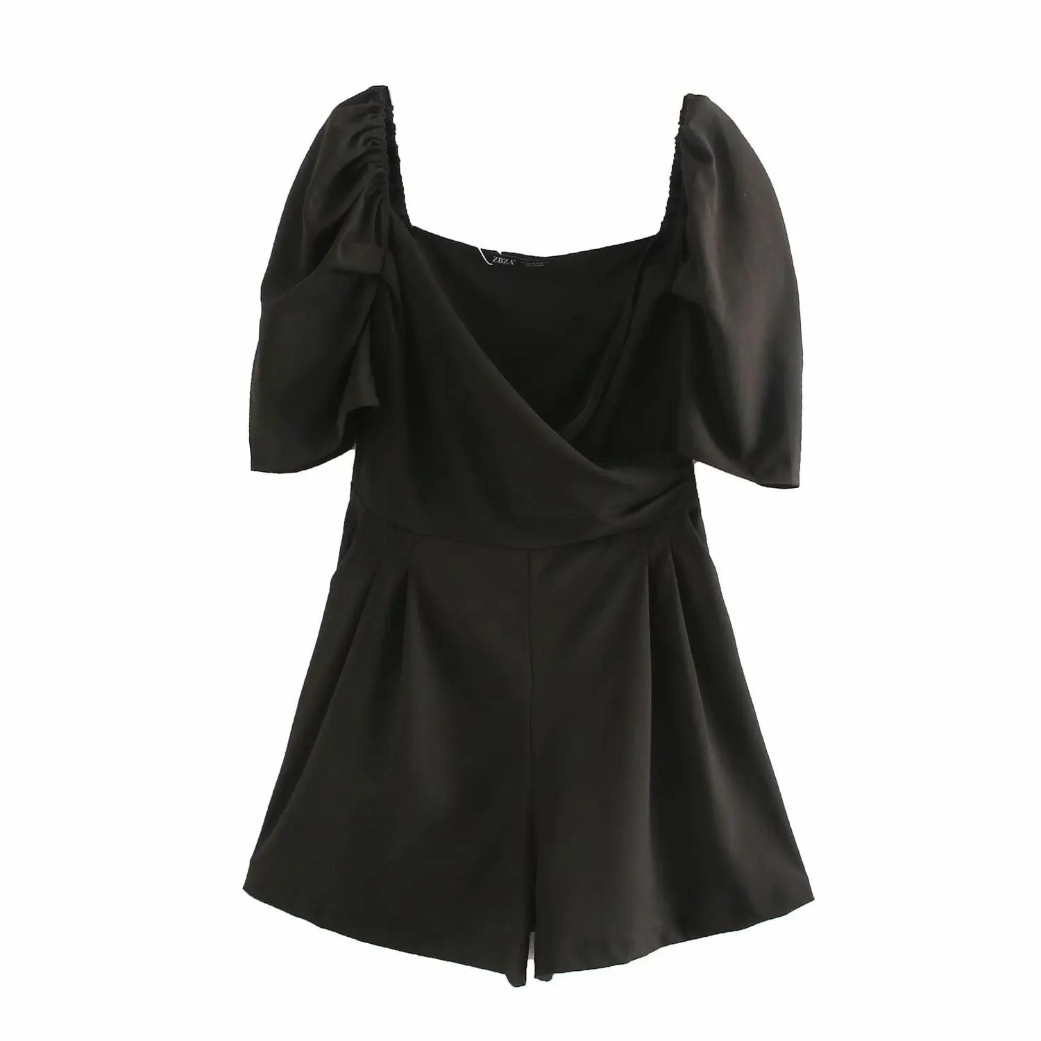 

women's Pure Black Slim V-neck one-piece shorts Street Style Bubble Sleeve one-piece pants avant-garde Sexy Jumpsuits Tights