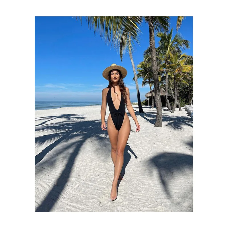 

Black Deep V Open Back Stretch Body Tight One-piece Swimsuit Bikini