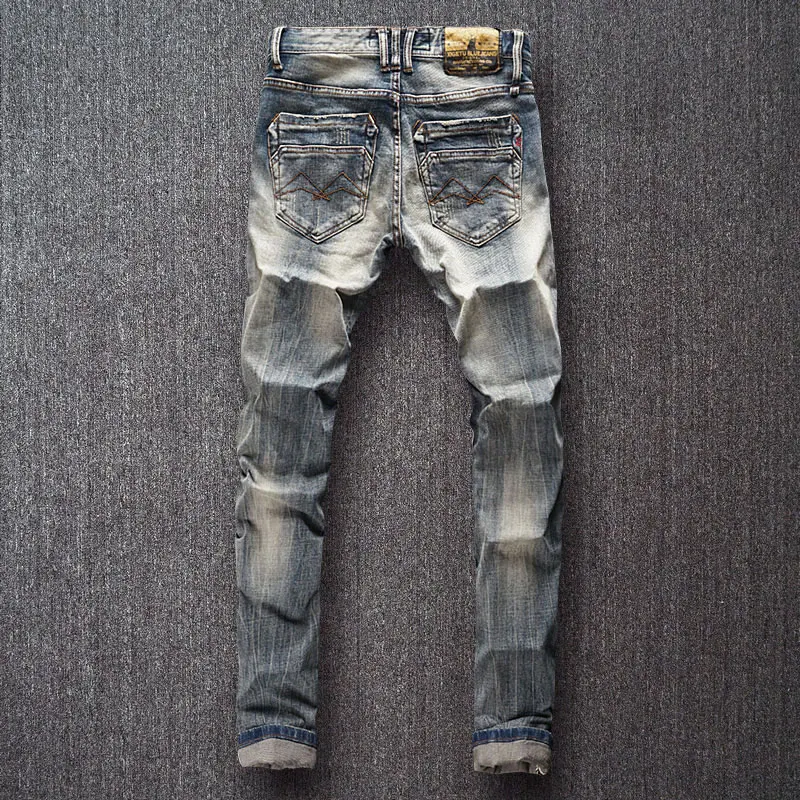 European Vintage Fashion Men Jeans High Quality Elastic Slim Fit Casual Cotton Jeans Men Distressed Retro Designer Denim Pants