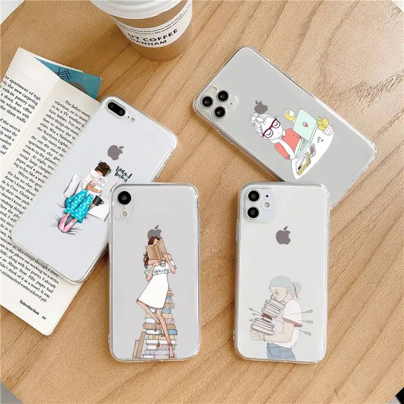 

Book girl cartoon coffee Phone Case Transparent soft For iphone 12 11 13 7 8 6 s plus x xs xr pro max mini