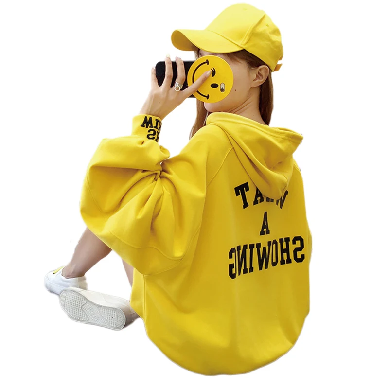 

CN Autumn 2020 Hoodies Women Elegant Solid Color Loose Hoody Ladies Lantern Long Sleeve Letter Print Pullover Streetwear