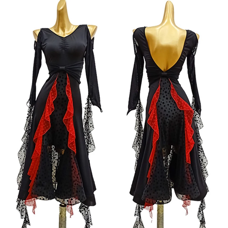 

2020 New Ballroom Dance Competition Dress Standard Black Long Dress Yarn Skirt Waltz Festival Performance Stage Costume 1685