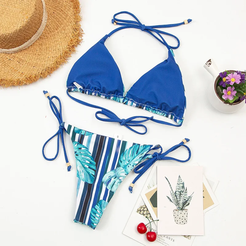 

Women Floral Print 2Pcs Bikini Set V-neck Split Halter Tops with Side Tie Triangle Bottoms Beach Swimming Suit Biquini
