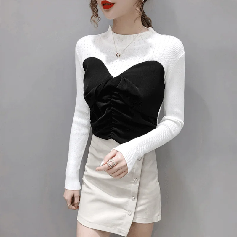 

2021 Autumn Chiffon Patchwork Knitted Pullover Shirt Woman Tops Long Sleeve Half-Turtleneck Korean Elegant Ladies Sweaters