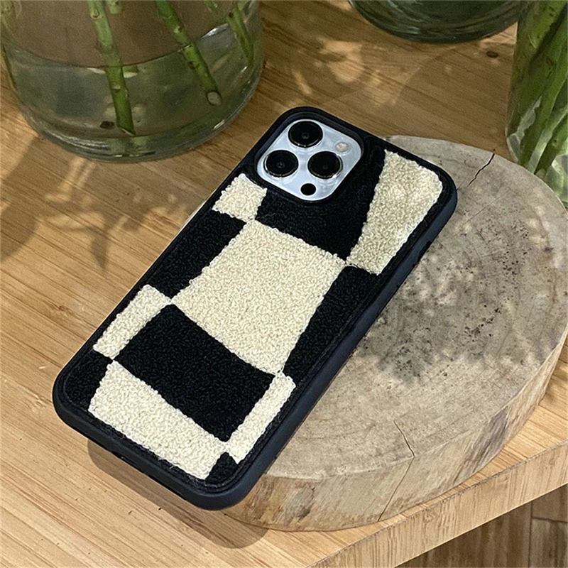 

Korean Cute Fuzzy Plush Lattice Phone Case For iPhone 11 12 13 Pro XS Max X XR 7 8 Plus Kawaii Winter Soft Shockproof Back Cover