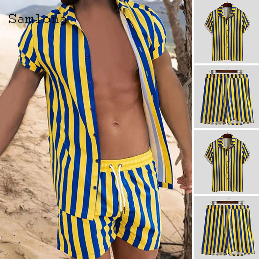 Samlona Plus Size Men Tracksuit set ropa hombre men shirts sets open stitch stripes two piece outfits 2023 summer beachwear man