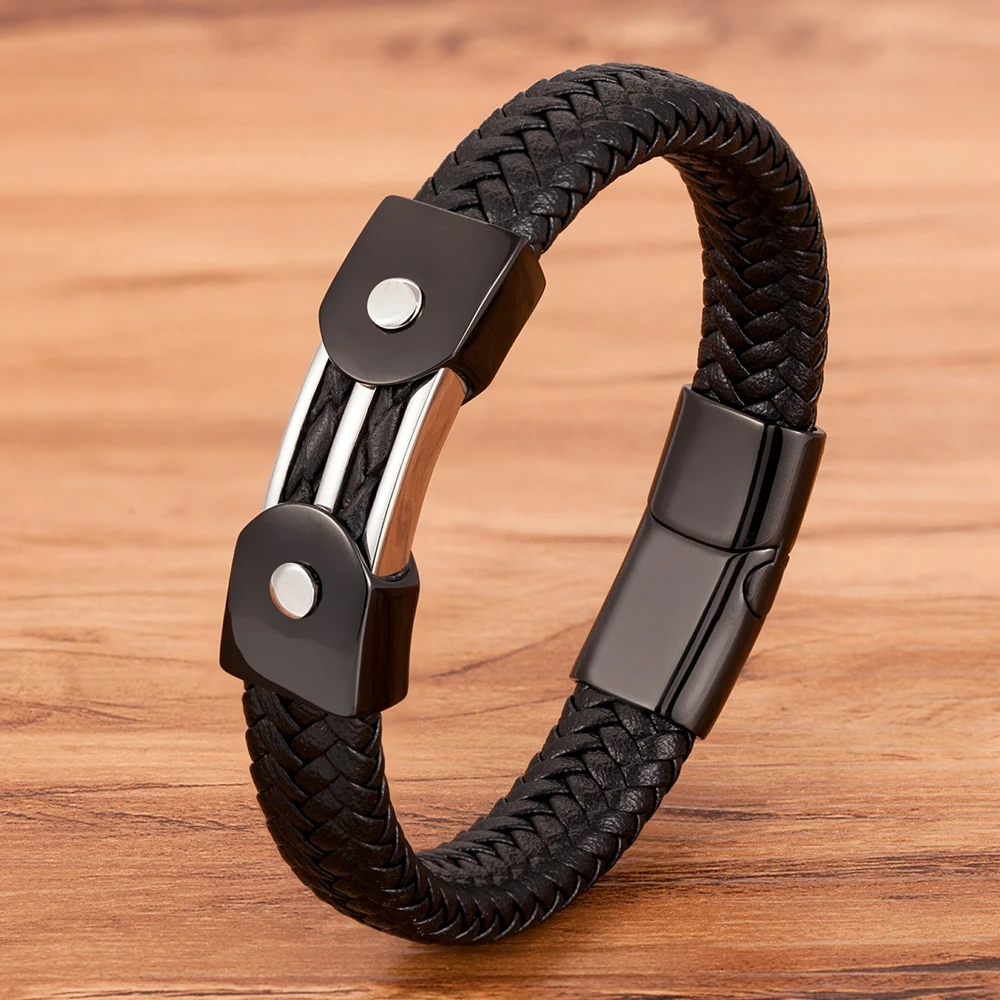 

Classic Design Leather With Accessories Inlaid And Spliced Stainless Steel Men's Leather Bracelet Christmas Gift Promotion