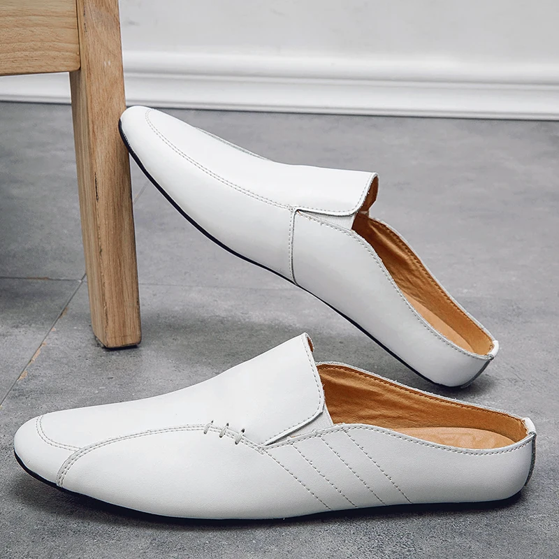 

Semi-Drag Leather Shoes Summer Fashion Leather Breathable Casual Lazy Shoes Classic Heelless Design Comfortable Flat Shoes