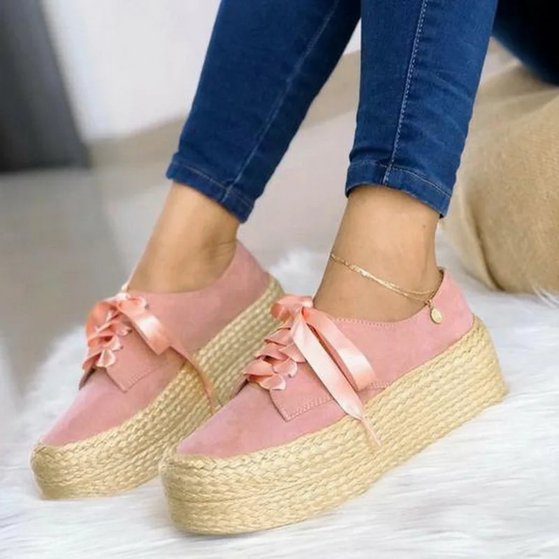 pink B Puimentiua Fashion Women Ladies Espadrille Shoes Canvas Thick bottom Flats Shoes Girls Lace up Round Toe Casual Flats - Цвет: pink B