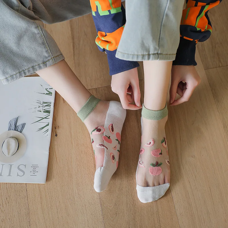 

Cotton New Summer Embroidery Ultra-thin Fruit Pattern Socks Women Sweet and Cute Short Socks Women Transparent Super Breathable
