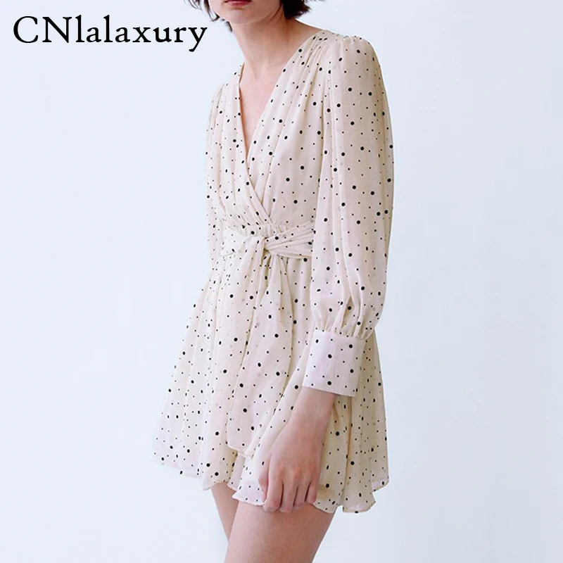 Женское винтажное платье в горошек с v образным вырезом и бантом на поясе|Женские